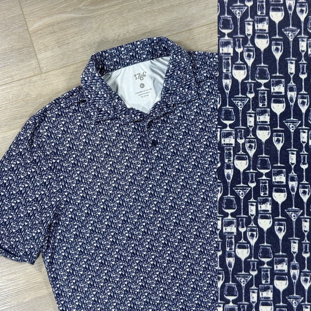 1764 Golf Polo Shirt Mens XL Blue Performance All Over Print Beer Wine Cups
